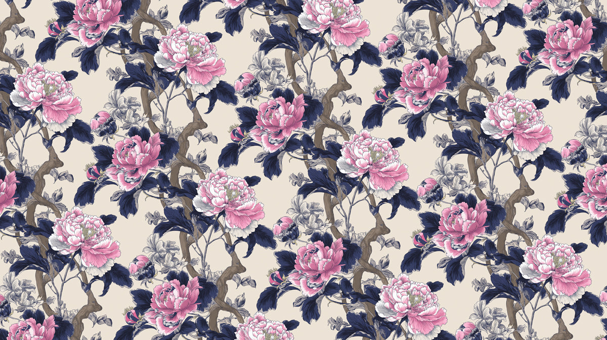 Floral pattern featuring magenta peonies and navy leaves on a cream background.