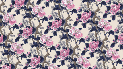 Floral pattern featuring magenta peonies and navy leaves on a cream background.