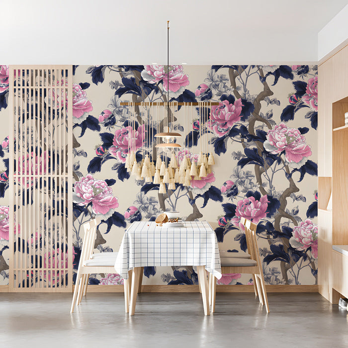 Elegant floral feature wall in a curated dining room.