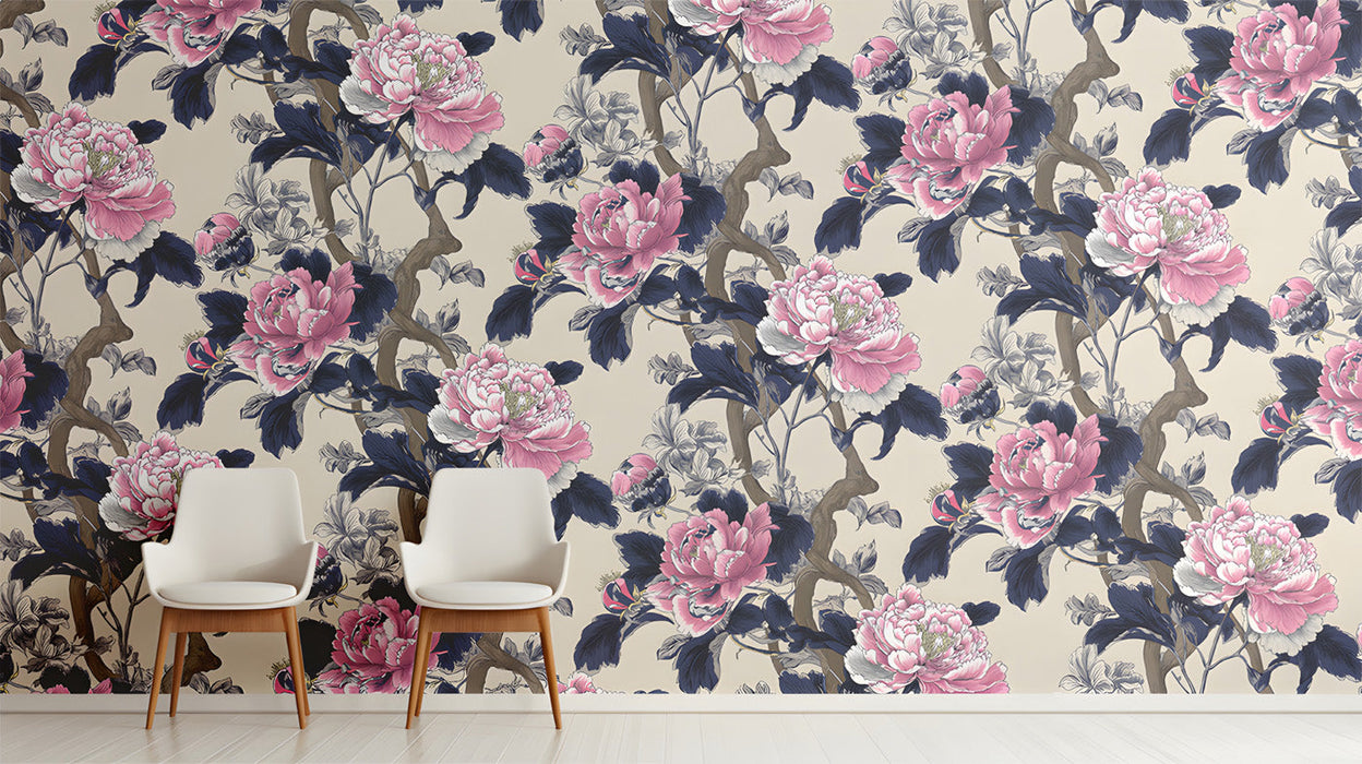 Floral wallpaper in a sophisticated entryway with velvet cushions.