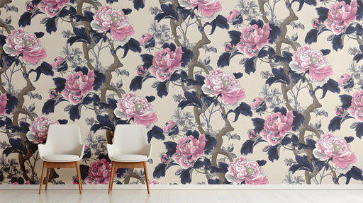 Floral wallpaper in a sophisticated entryway with velvet cushions.