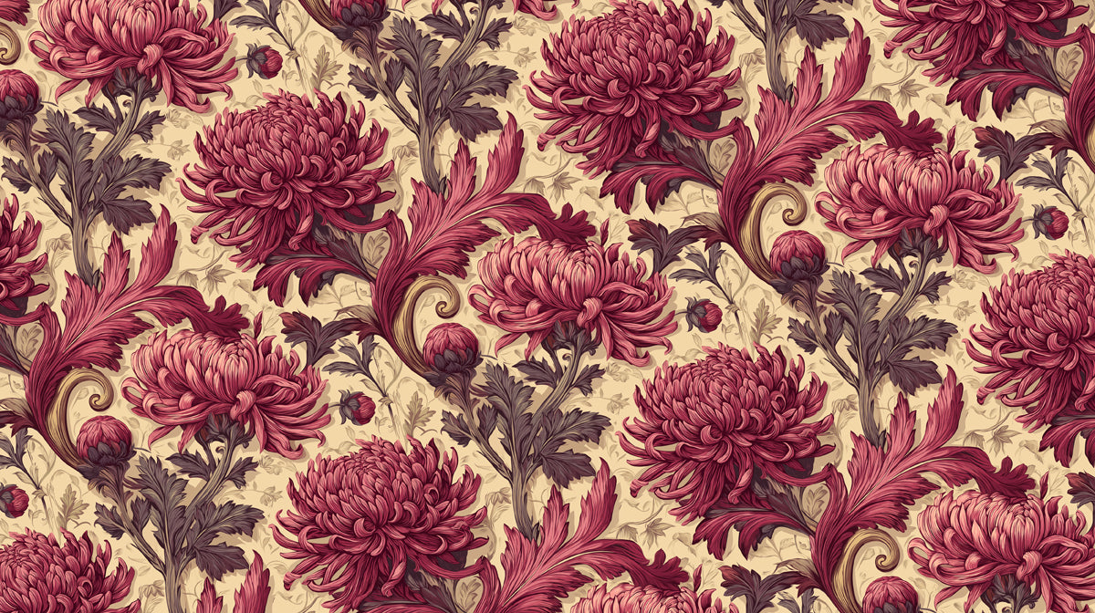 Floral pattern with deep raspberry chrysanthemums and dark charcoal foliage on cream parchment background
