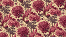 Floral pattern with deep raspberry chrysanthemums and dark charcoal foliage on cream parchment background