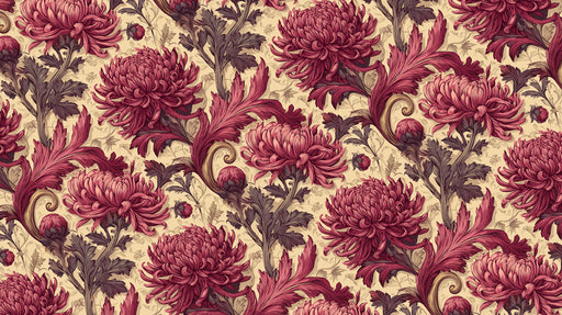 Floral pattern with deep raspberry chrysanthemums and dark charcoal foliage on cream parchment background