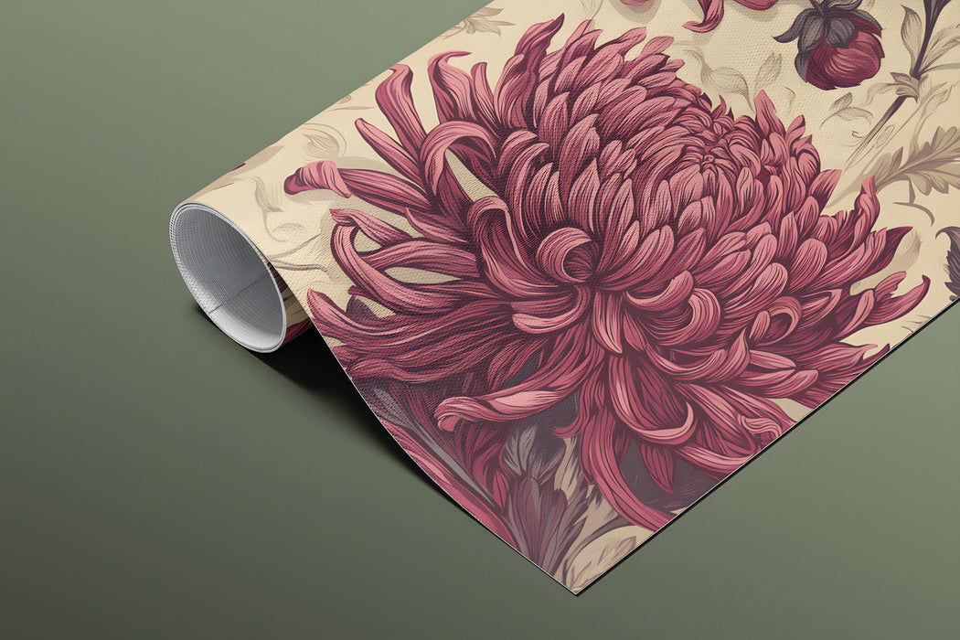 Close-up of floral wall mural featuring intricate botanical drawings in a cozy traditional bedroom