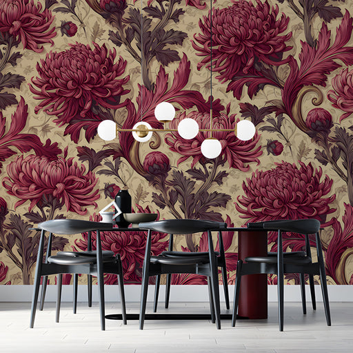 Rich floral botanical wall design applied in a dining room with dark wooden shelving