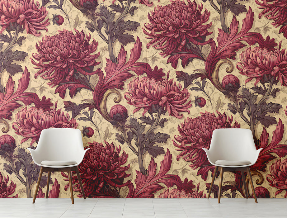 Vintage floral wallpaper installed as a feature wall in a moody, sophisticated entryway