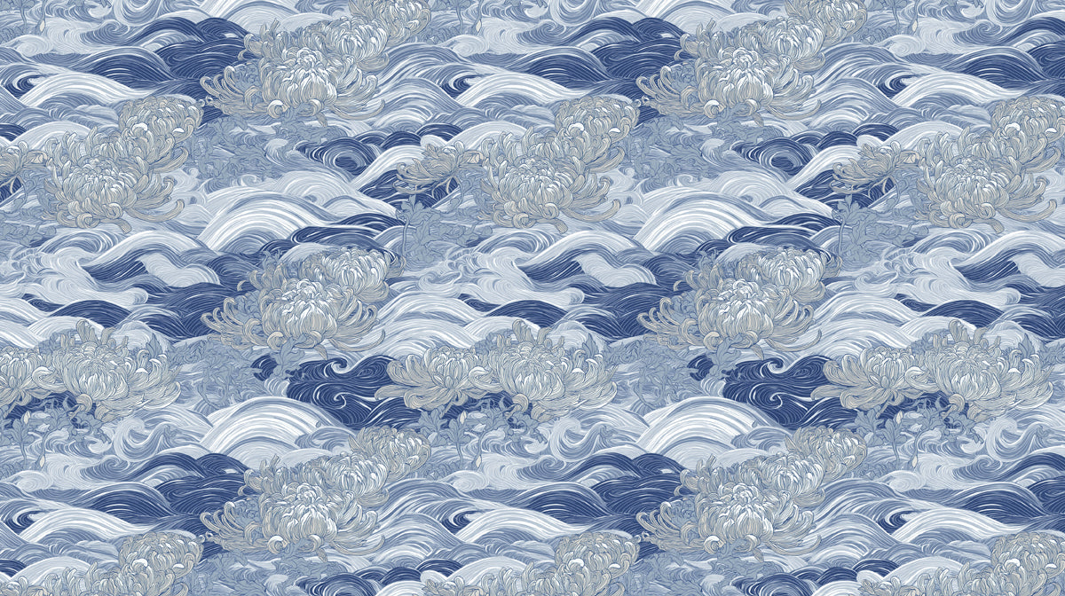 Intricate indigo and slate blue wallpaper pattern featuring stylized chrysanthemum flowers set against swirling ocean waves