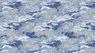 Intricate indigo and slate blue wallpaper pattern featuring stylized chrysanthemum flowers set against swirling ocean waves