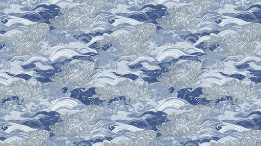Intricate indigo and slate blue wallpaper pattern featuring stylized chrysanthemum flowers set against swirling ocean waves