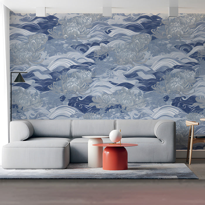 Serene home office space with blue and white wave patterned wallpaper and wooden desk