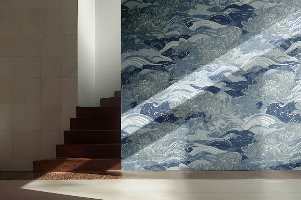 Modern hallway featuring blue chrysanthemum wave mural wallpaper behind a white upholstered headboard