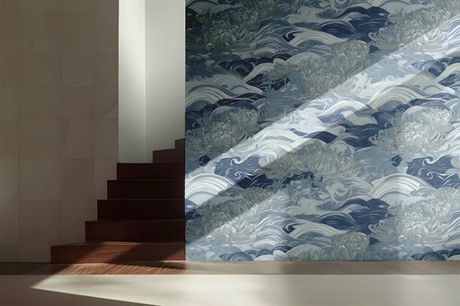 Modern hallway featuring blue chrysanthemum wave mural wallpaper behind a white upholstered headboard