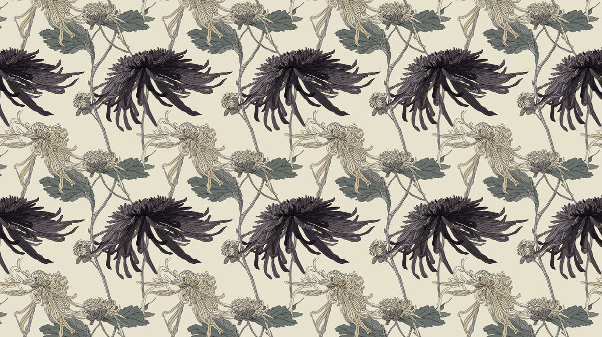 Vintage botanical pattern featuring charcoal and sage chrysanthemums on a cream background