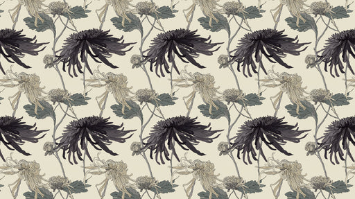 Vintage botanical pattern featuring charcoal and sage chrysanthemums on a cream background