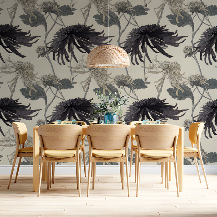 Elegant dining room wall decorated with hand-drawn chrysanthemum motifs