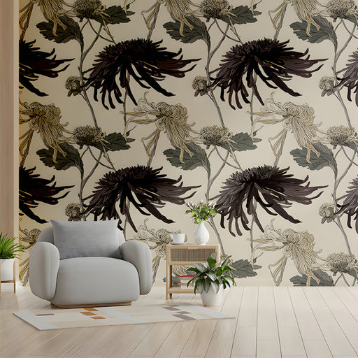 Sophisticated living room featuring a vintage floral accent wall