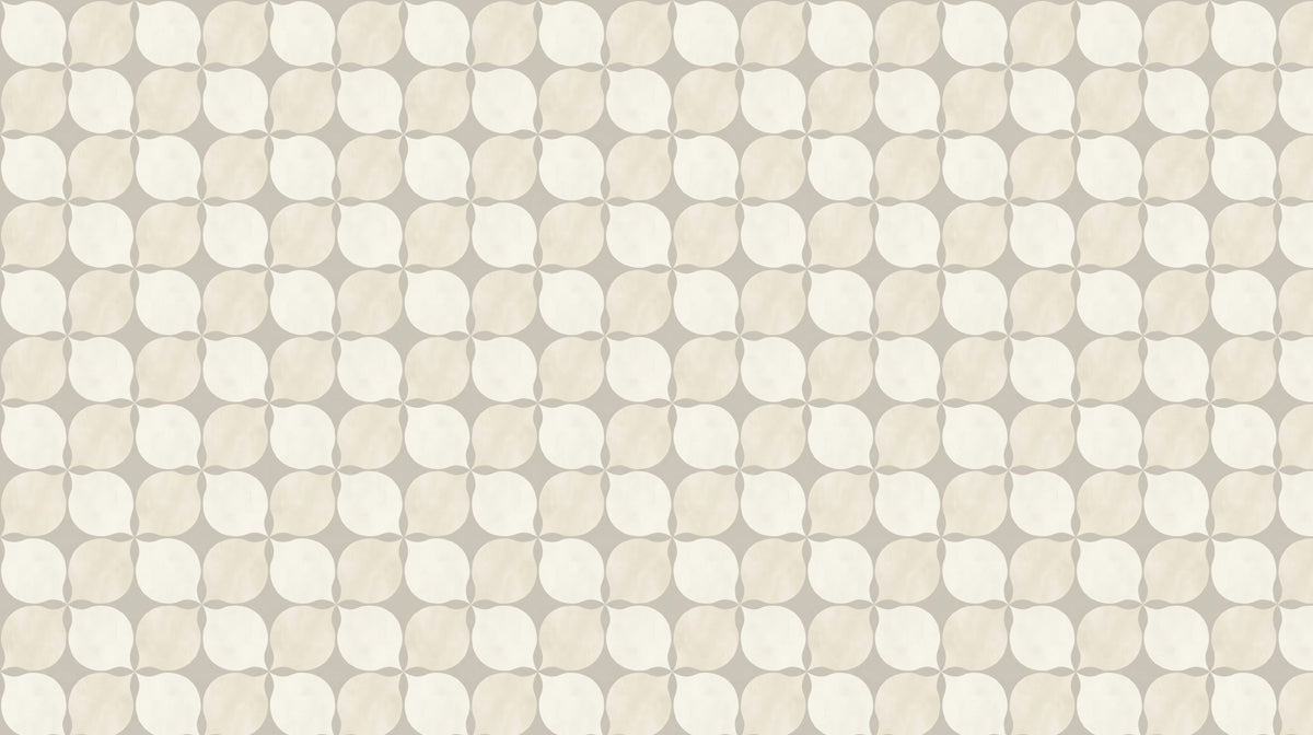 Abstract minimalist wallpaper pattern featuring repeating rounded petals in cream and soft greige