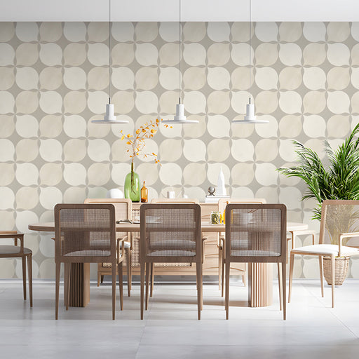 Modern dining room wall with a repeating petal pattern in warm neutral tones