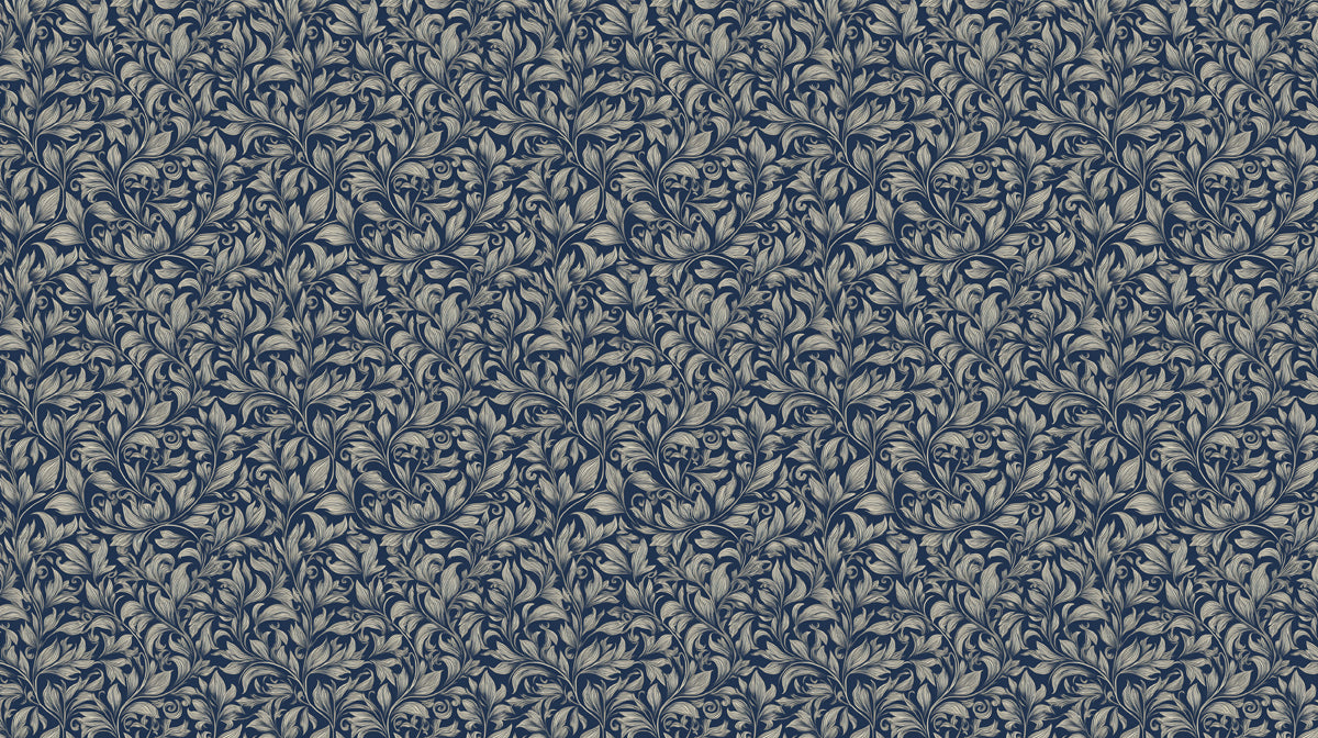 Intricate navy blue mural wallpaper with champagne colored floral scroll motifs and engraved linework.