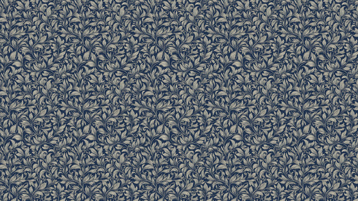 Intricate navy blue mural wallpaper with champagne colored floral scroll motifs and engraved linework.