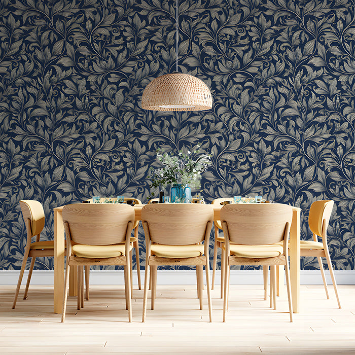 A refined dining room decorated with classic navy and grey floral scroll mural.