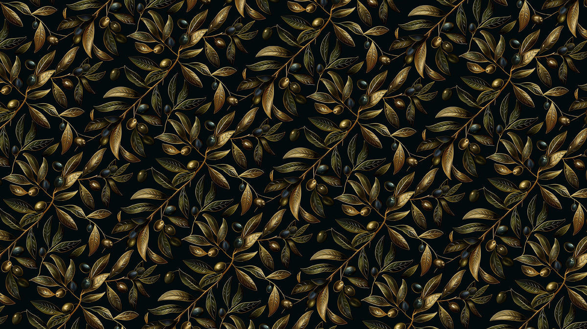 Intricate pattern of golden olive branches and black olives on a charcoal background, painterly style