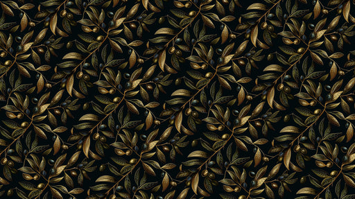 Intricate pattern of golden olive branches and black olives on a charcoal background, painterly style