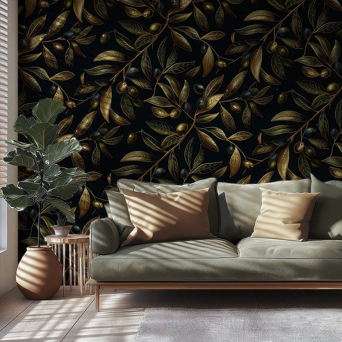 Quiet home office corner featuring a gold and charcoal botanical mural and velvet furniture