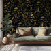 Quiet home office corner featuring a gold and charcoal botanical mural and velvet furniture