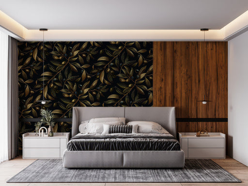 Sophisticated primary bedroom featuring a dark olive branch accent wall and warm brass bedside lamps
