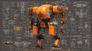 Industrial mech robot illustration in orange over white technical blueprints on a dark charcoal grid background.