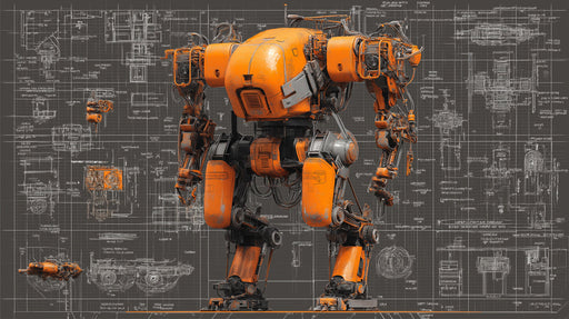 Industrial mech robot illustration in orange over white technical blueprints on a dark charcoal grid background.