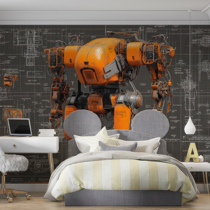 A hobby room or personal garage space styled with a bold mechanical robot mural, highlighting an industrial design aesthetic.