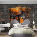 A hobby room or personal garage space styled with a bold mechanical robot mural, highlighting an industrial design aesthetic.