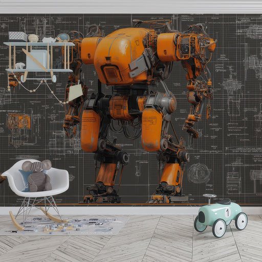 A creative workshop or studio space featuring a large-scale orange industrial robot mural on the main feature wall.