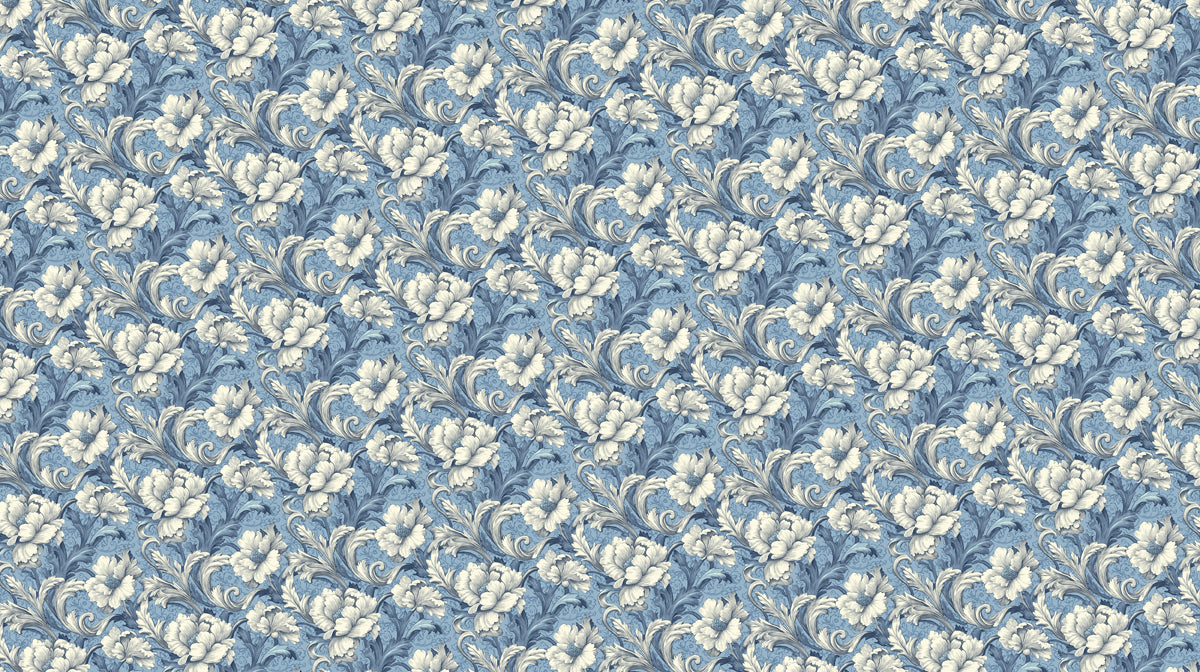 Floral damask wallpaper pattern featuring cream-colored peony blooms and scrolling blue acanthus leaves.