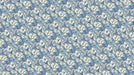 Floral damask wallpaper pattern featuring cream-colored peony blooms and scrolling blue acanthus leaves.