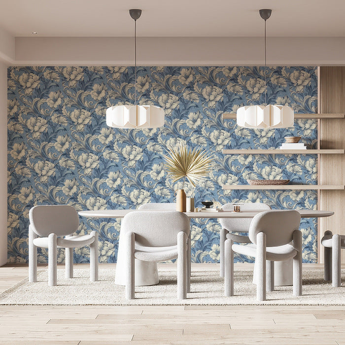 A sophisticated home office space with ornate blue vintage floral wallpaper.