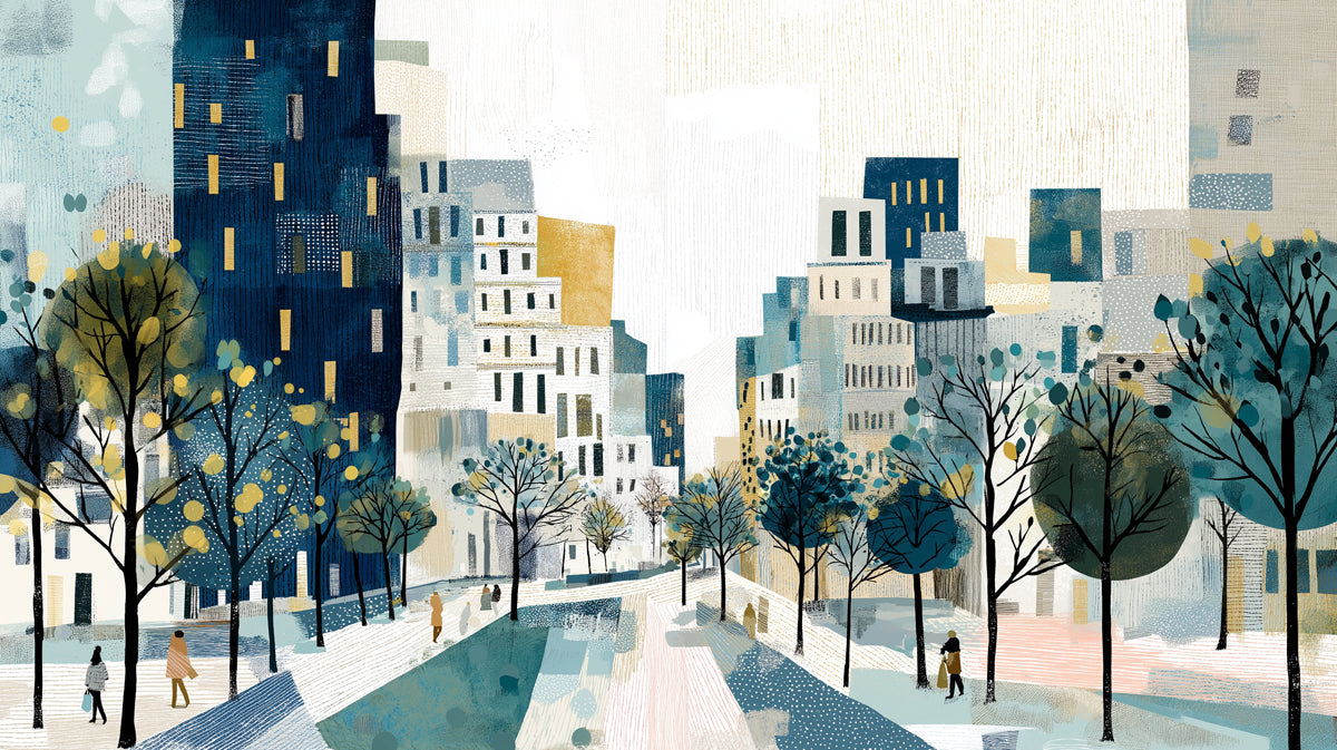 Abstract city street scene with tall navy buildings and trees in a painterly style