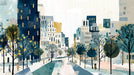 Abstract city street scene with tall navy buildings and trees in a painterly style