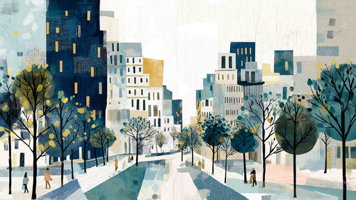 Abstract city street scene with tall navy buildings and trees in a painterly style