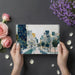 Creative home office with an artistic urban landscape wall mural background