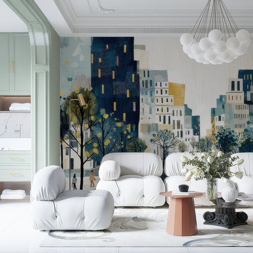 Commercial interior featuring a stylish city-inspired decorative wall mural