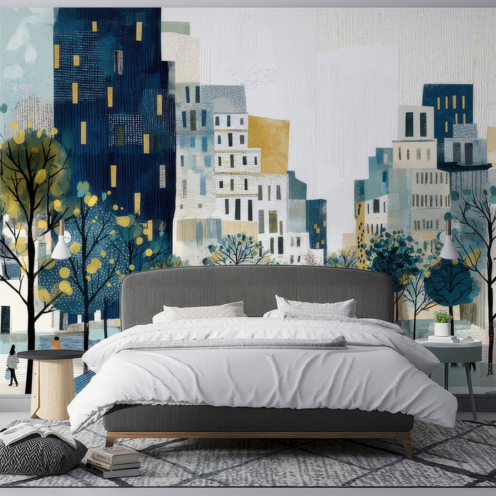 Modern bedroom featuring a blue and ochre abstract cityscape mural wall