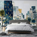 Modern bedroom featuring a blue and ochre abstract cityscape mural wall