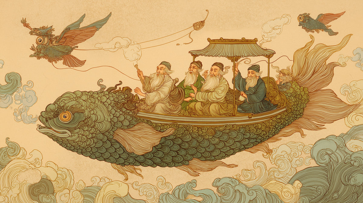 Intricate illustration of scholars riding a large fish through stylized clouds in sage green, ochre, and charcoal.