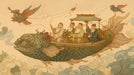Intricate illustration of scholars riding a large fish through stylized clouds in sage green, ochre, and charcoal.