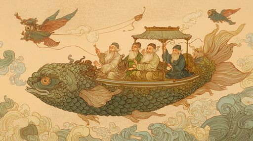 Intricate illustration of scholars riding a large fish through stylized clouds in sage green, ochre, and charcoal.