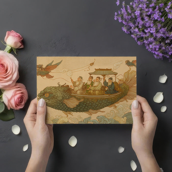 Elegant dining room wall adorned with the detailed folklore mural and warm pendant lighting.